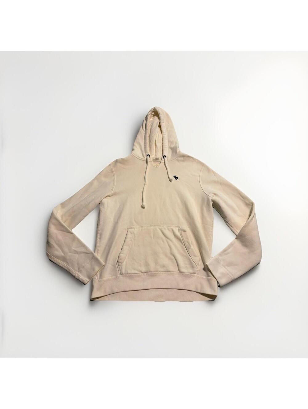 Abercrombie & Fitch Hoodie Men Large Cream Muscle Moose Logo y2k Preppy Outdoor